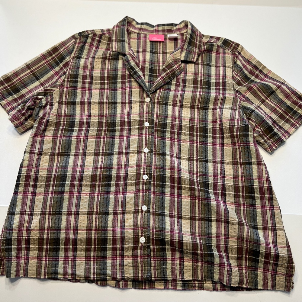 Pappagallo Woman Button Up Blouse Shirt Top Size XL Plaid Green/Burgandy